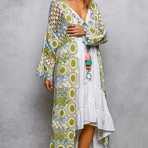 POL Multicolor Crochet Cardigan Blue Green NWOT